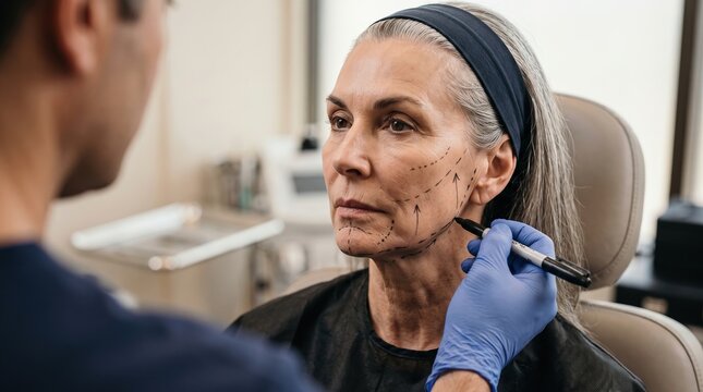 Surgeon Marking Surgical Lines on Senior Woman Face Before Rhytidectomy Facelift
