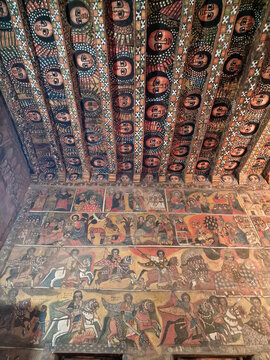 Interior of Debre Birhan Selassie, best-preserved church of the Gondarine period, renowned for its magnificent murals