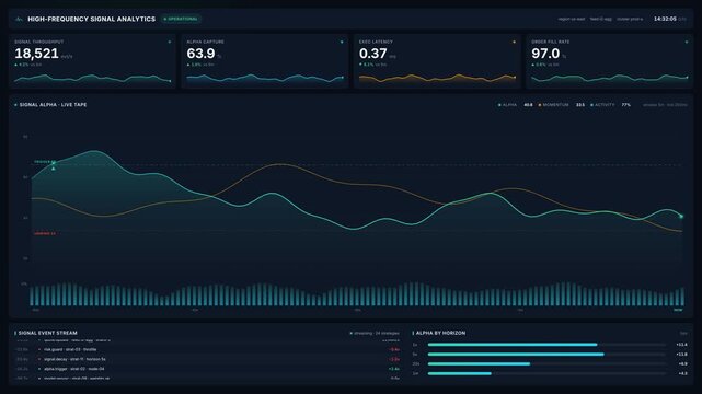 High frequency signal analytics dashboard with real time trading data market fluctuations, for financial intelligence, algorithmic trading, stock market analysis, digital asset