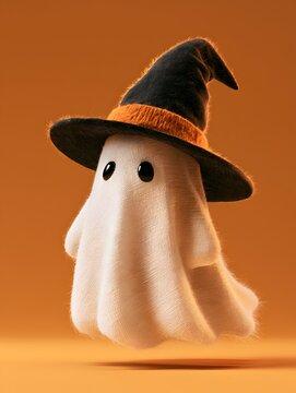 A cute little white ghost wearing a black witch hat on a warm orange background