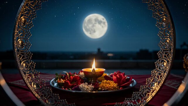 Decorative sieve viewing full moon during Indian cultural fast celebration night