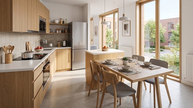 Modern kitchen and dining area in a university residence with natural light