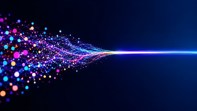 Glowing digital particles and chaotic data streams converging into bright structured light beam representing information processing