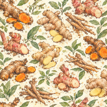 Watercolor seamless pattern of botanical root spices including ginger and turmeric