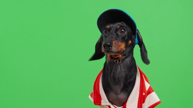 A black and tan dachshund dog in a dark baseball cap and a red and white striped top sits attentively against a green background, a playful team supporter concept with room for graphics.