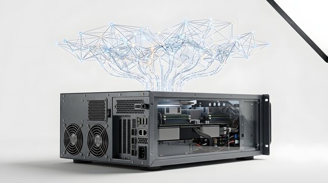 Realistic 3D illustration of a powerful computer server workstation with a glowing digital neural network tree growing out of it, symbolizing artificial intelligence, data science, and cloud.