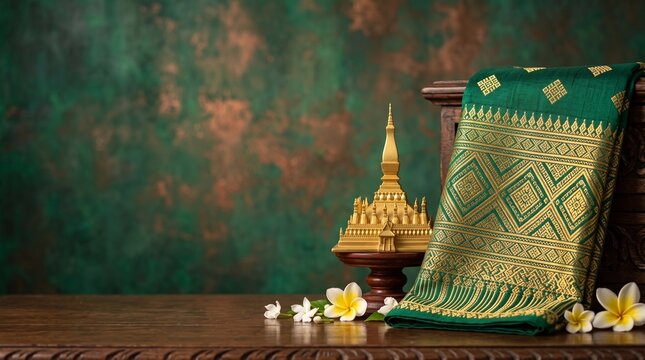Pha That Luang Festival Traditional Lao Sinh Textile and Golden Stupa Ornament