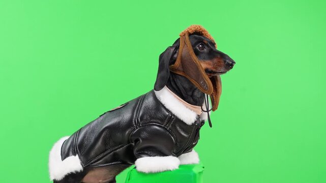 A black and tan dachshund dog wearing a shearling trimmed leather flight jacket and a brown aviator cap with dangling ear flaps turns its head against a green screen, ready for takeoff.