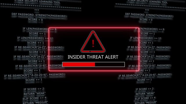 Advanced cyber security insider threat alert warning system featuring glowing red digital notification interface overlaid on complex python programming code background, for enterprise network