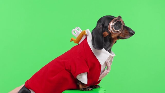A black and tan dachshund dog wearing retro flying goggles, a red sweater and a white scarf looks ahead against a green screen, a concept of air travel and holiday journey planning.