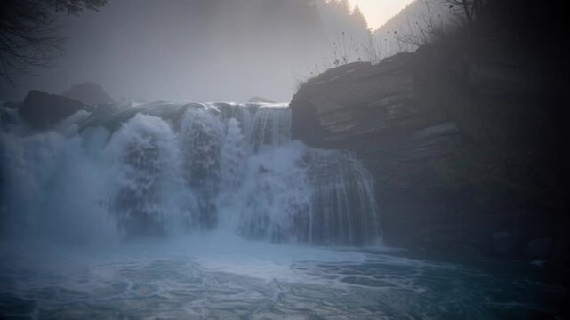 Cinematic aharbal waterfall kashmir flowing in misty morning