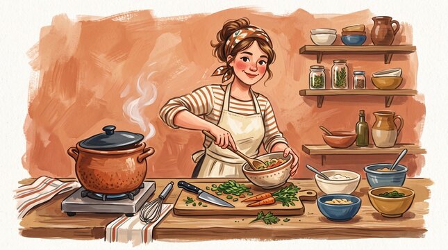 A woman happily preparing food in a kitchen. She is stirring ingredients in a bowl with a spoon, surrounded by various cooking utensils and ingredients