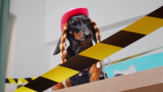 A black and tan dachshund dog wears a pink cowboy hat and braided wig behind yellow caution tape, a humorous concept of quarantine or crime scene restriction.
