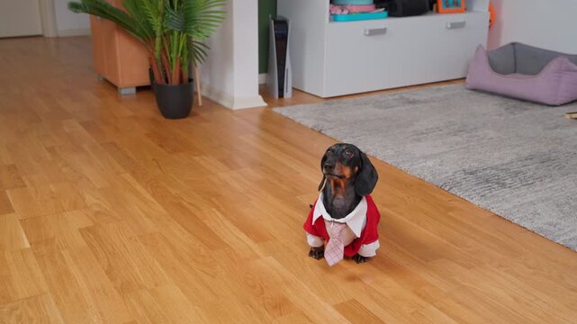 A black and tan dachshund dog wearing a red shirt with a necktie sits on a wooden floor at home, looking up attentively near a plant and pet bed.