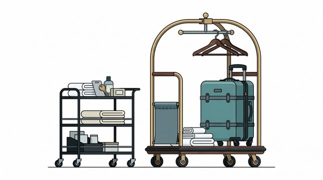 Hotel luggage trolley with a suitcase, clothes hangers, and towels, next to a housekeeping cart with toiletries and linens