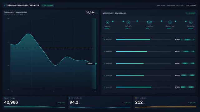 Training throughput monitor with deep learning model performance metrics, for artificial intelligence training, neural network optimization, data processing efficiency, server