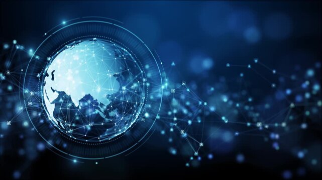 Futuristic Digital Globe Connects Global Data Through Network Lines And Technology Nodes, Creating A Modern Concept For Communication And Digital Transformation.