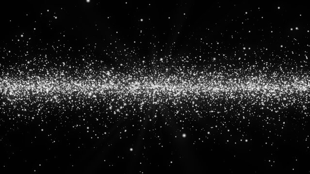 黒背景の中央を流れる高密度な白とシルバーの光粒子とグリッターの背景イラスト素材 / Dense white and silver light particles and glitter stream background on black