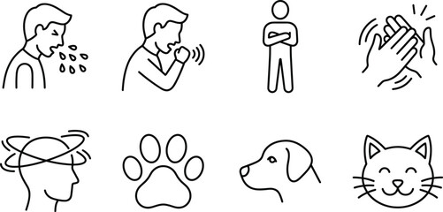Obraz premium Pet Allergy and Respiratory Symptom Icon Pack Featuring Sneezing Coughing Dizziness Animal Paw Print Dog Profile and Cat Avatar StencilsPet Allergy and Respiratory Symptom Icon Pack Featuring Sneezing