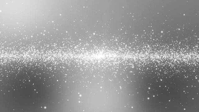 シルバー背景を流れる輝く白と銀の光粒子と繊細なグリッターのシームレスループ動画素材 / Shining white and silver light particles and delicate glitter stream loop background on silver gradient