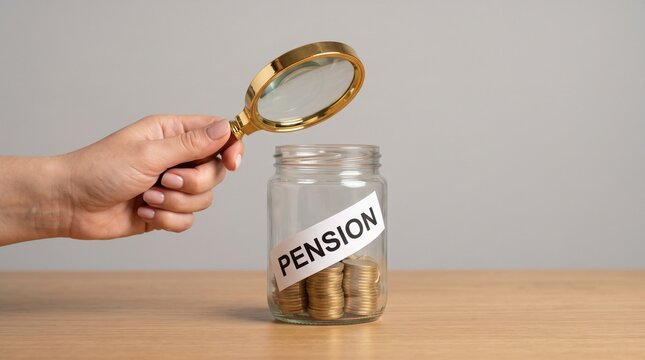 A hand holding a magnifying glass over a glass jar containing coins labeled with the word pension with wealth