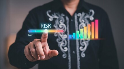 Obraz premium Person interacting with a digital risk meter and bar chart on a virtual interface