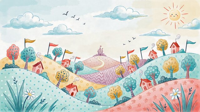 Whimsical fantasy landscape with a distant castle on a hill surrounded by colorful houses trees and rolling patterned fields
