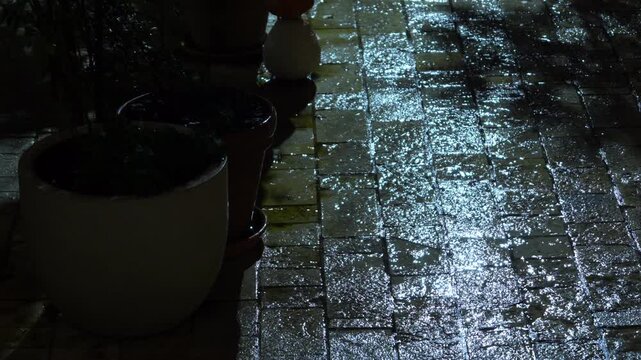 Heavy rain pours over a glistening cobblestone pathway at night, with potted plants standing beside the wet stone surface reflecting light.