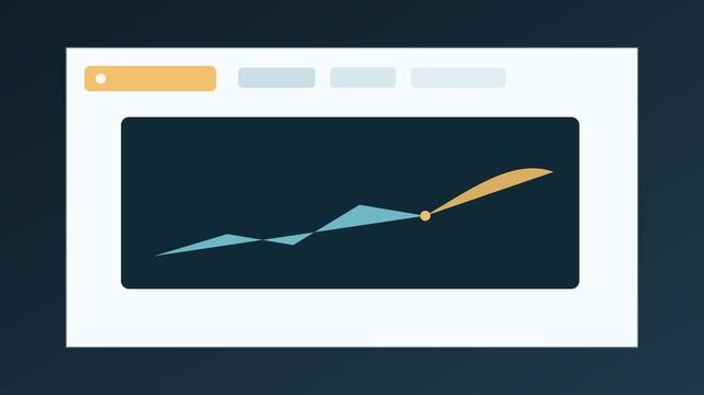Animated line graph with a teal zigzag trend and a golden curved arrow rising on a dark dashboard panel, growth forecast concept