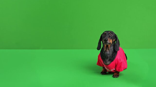 A black and tan dachshund dog wearing a vivid pink top sits upright and lifts its gaze on a green screen studio surface, ready for pet apparel retail promotion with free space alongside.