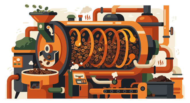 Industrial coffee roasting machine vector illustration with beans and warm tones