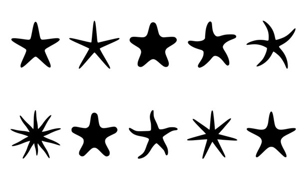 Organic sea star silhouette icons collection with varied starfish shapes black vector
