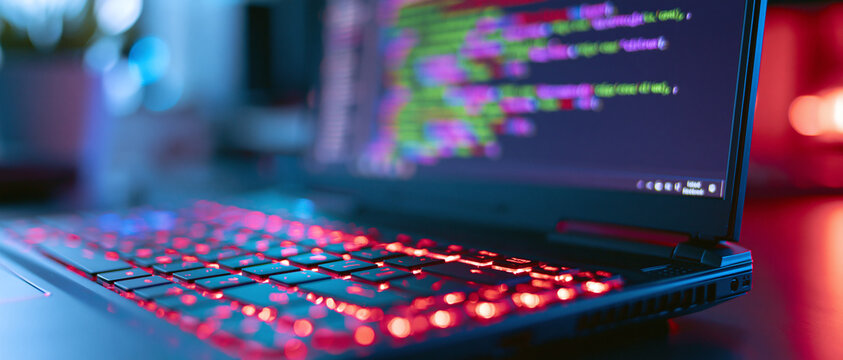 A laptop screen displays lines of complex programming code while the keyboard glows with bright red light in a dark room setting for software development and technology themes