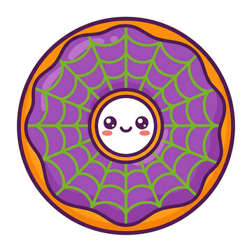 Cute halloween donut illustration with spiderweb and kawaii face