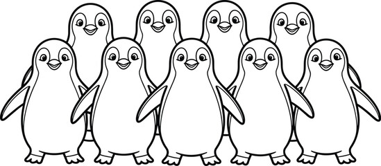 Fototapeta premium Group of cute cartoon penguins standing together in a line with happy expressions during winter
