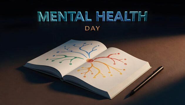 Open notebook with a colorful mind map drawing for mental health awareness