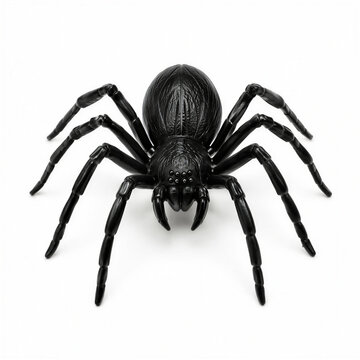 Fake plastic black spider prop isolated on white background for Halloween