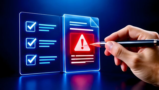 Hand holding pen checking virtual document interface with red warning alert indicating compliance error or audit failure