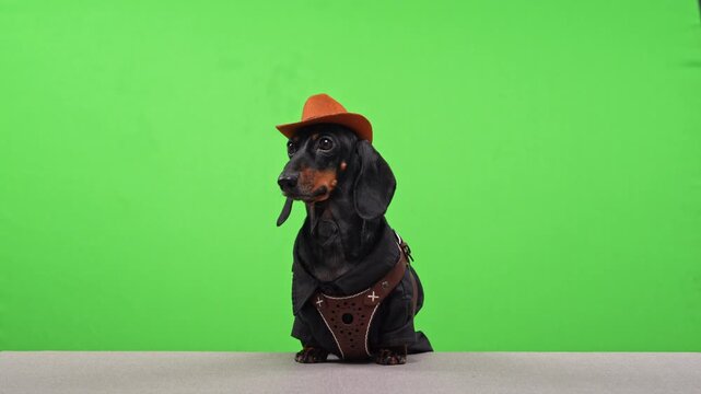 A black and tan dachshund dog wearing an orange cowboy hat, dark coat and studded leather harness sits and turns its head, a law enforcement mascot idea for wild west themed promotion.