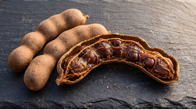 Dried tamarind pods with open shell showing pulp and seeds on dark slate