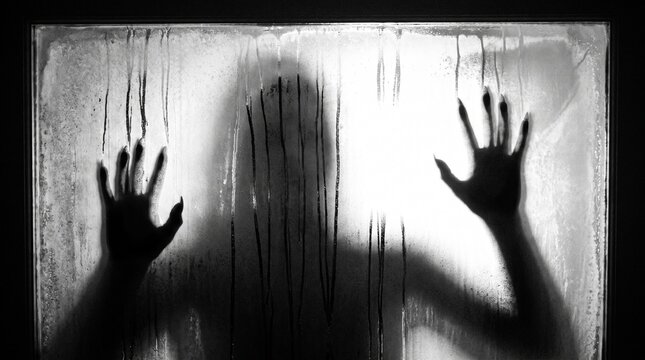 Eerie Ghostly Figure Silhouette Standing Behind Steam Condensation Frosted Window
