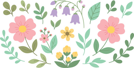 Obraz premium Cute Pastel Floral Clip Art Set Featuring Pink Blossoms Purple Bluebells Yellow Flowers and Green Leaves Vector Illustration for Spring and Summer Designs