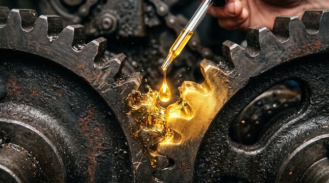 Glowing liquid gold oil lubricating dark grinding iron gears, visualizing process optimization, efficiency, and removing business friction.