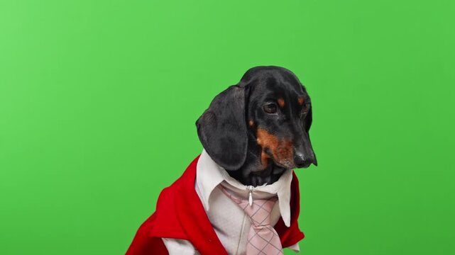 A black and tan dachshund dog dressed in a white shirt with a pink patterned necktie and red jacket tilts its head thoughtfully against a bright green backdrop, a concept of office leadership.