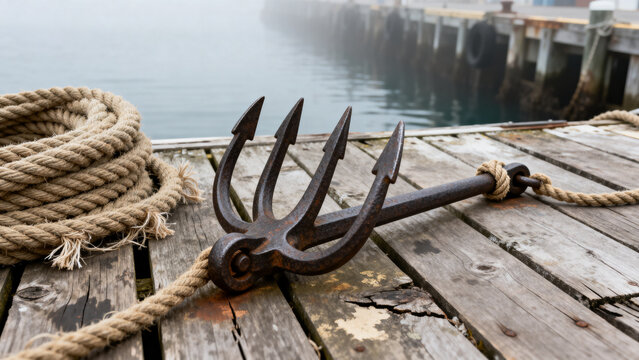 Rope splice joining honey and navy nautical ropes on teak deck