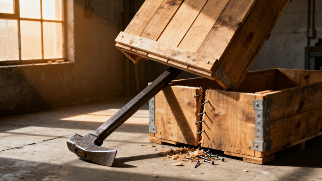 Steel pry bar opening wooden shipping crate lid, tools and construction concept