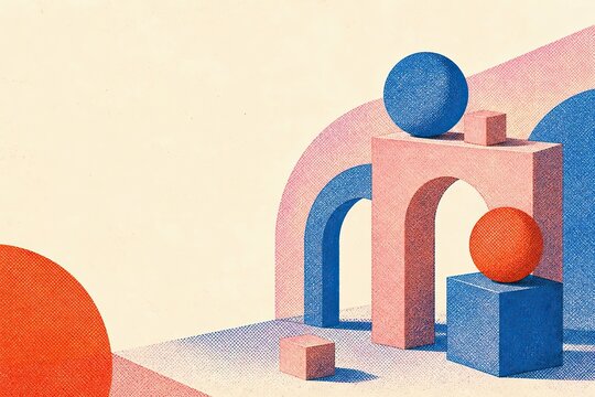 Risograph Collage 3D geometric forms background