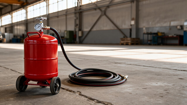 Red portable air compressor with gauge and hose on factory floor, industrial equipment