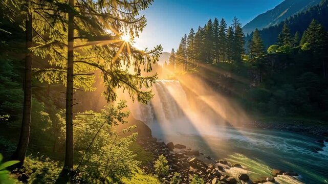 Scenic view of aharbal waterfall kashmir with golden sun rays in forest