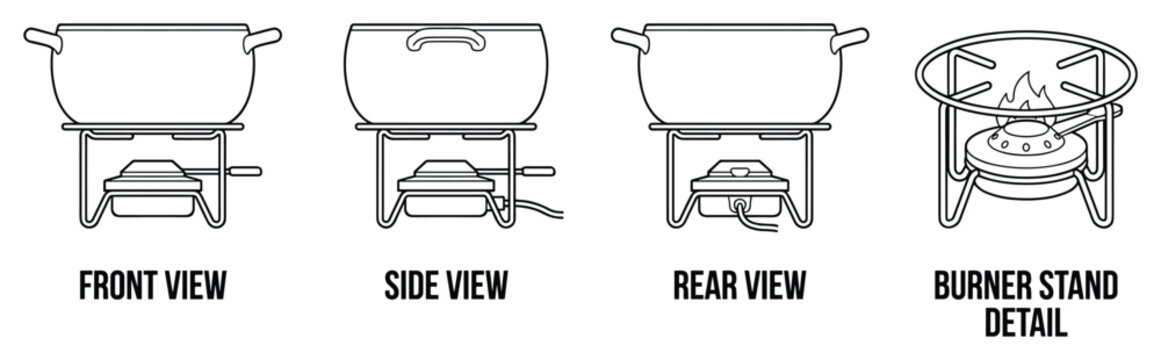 Fondue pot with burner and flame in front side rear views and burner detail vector.